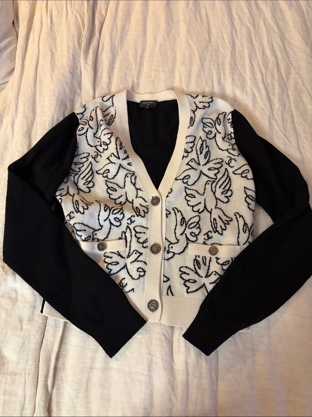 CHANEL Black and White Dove Motif V-Neck Cardigan